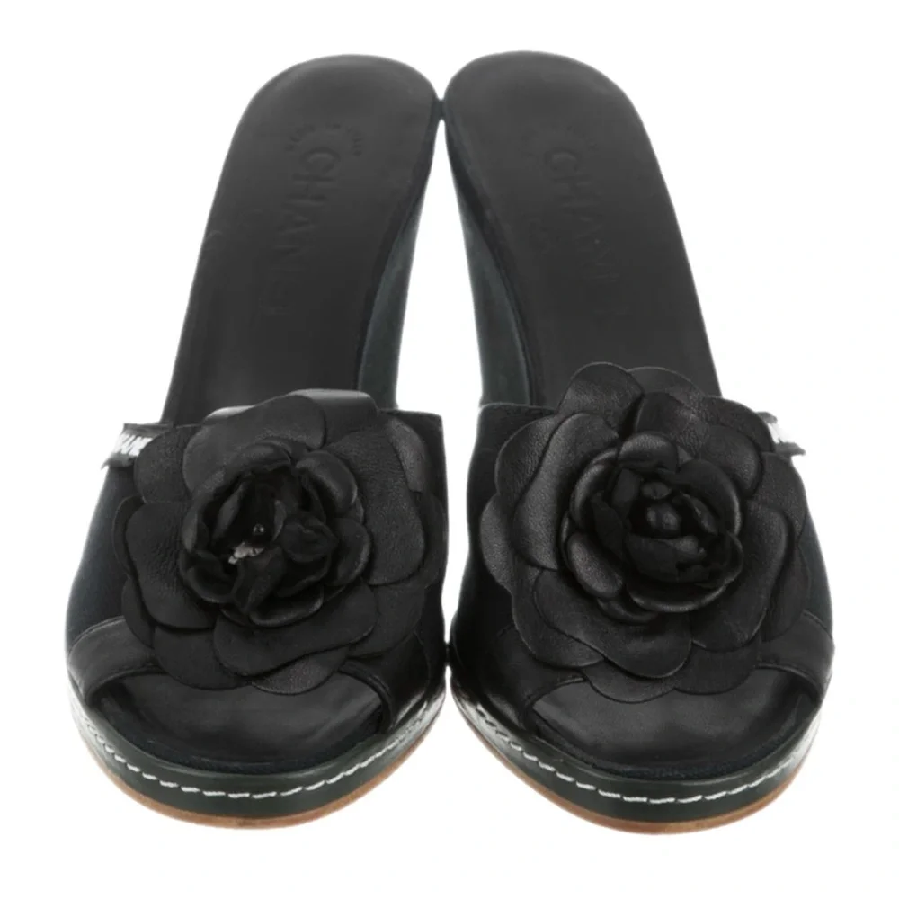 🩷CHANEL Canvas Leather Camellia Slide On Platform Wedge Sandals • BLACK • 36.5EU